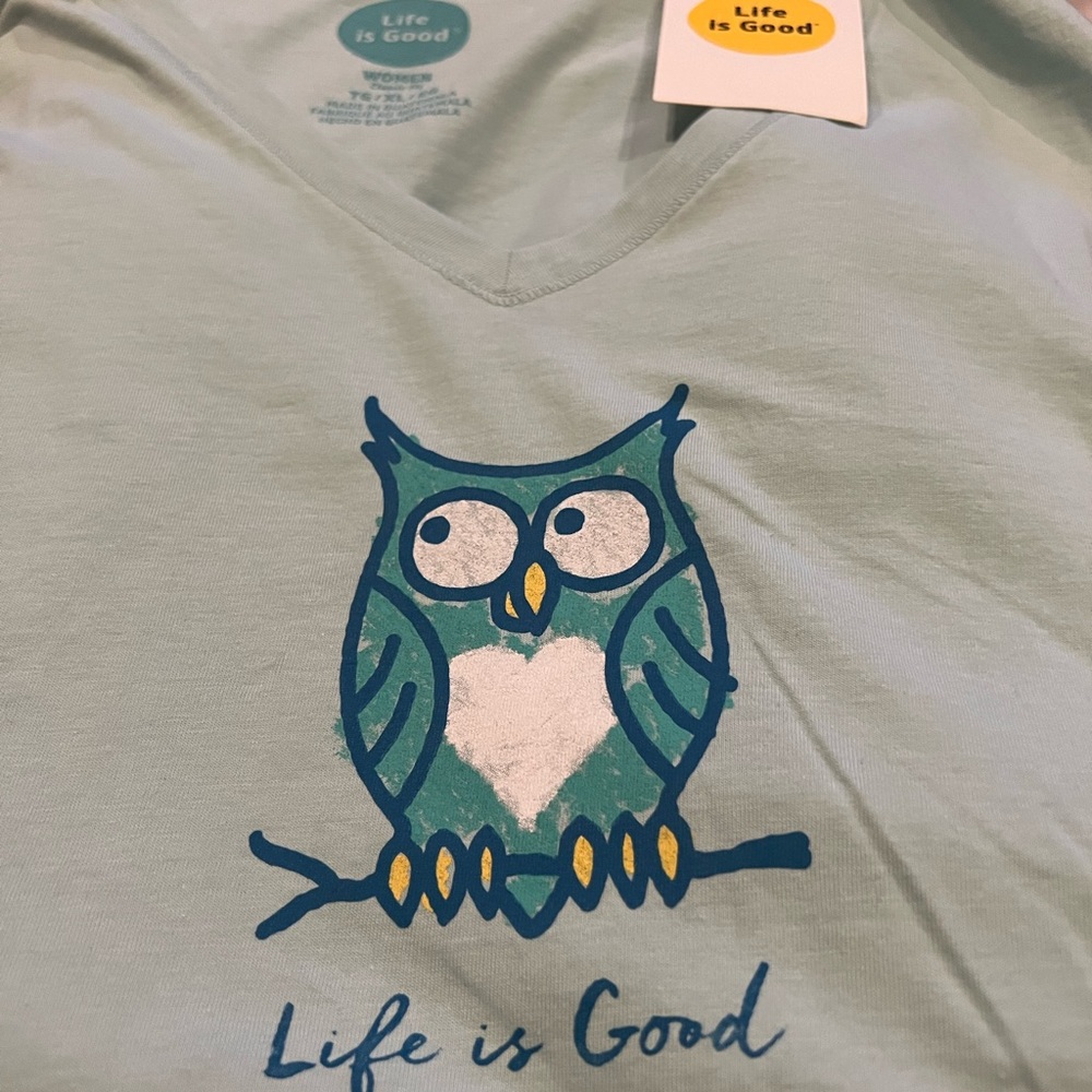 NWT Life is Good v-neck t-shirt light aqua with owl XL